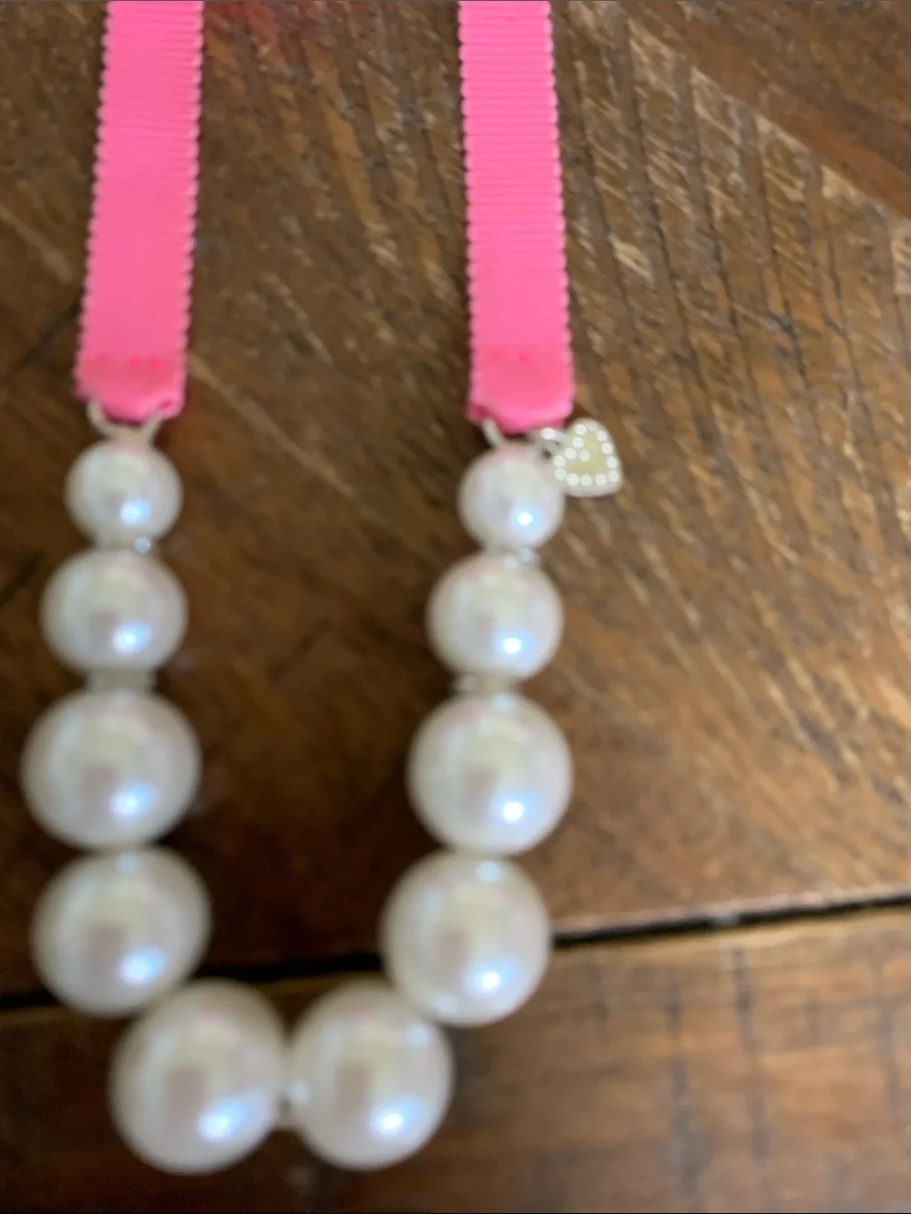Girls Pink Ribbon Faux Pearl Necklace with Heart Charm